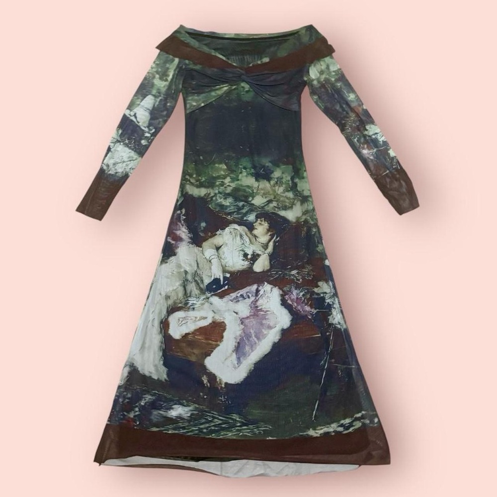 Y2K grunge Harajuku ethereal maxi sheer printed dress size S